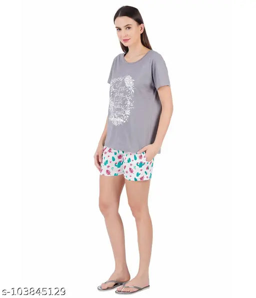 Women's printed cotton top and shorts set, short sleeves, size S-XXL