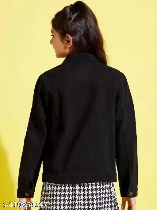 Black denim kid jacket, sizes 4 to 16 years, solid pattern for growing kids