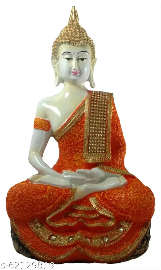 Resin White and Orange Sitting Buddha Statue Showpiece (16cm x 27cm x 13cm), ideal for home decor or gifting on special occasions in Dhyana Mudra style