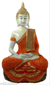 White and orange resin Sitting Buddha statue (16cm x 27cm x 13cm), ideal for home decor or gift giving