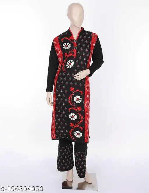 Soft touch wool kurta palazzo set for women - printed floral knitted winter warmth