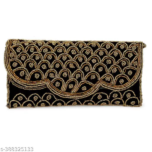 Black velvet embroidered clutch, free size, elegant handmade Indian craft