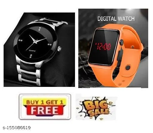 Branded Analogue Black Dial Magnet Watch set, pack of 2 for men & boys. Embellished crown, quality band, clear glass. Fashion accessory for parties, weddings, travel, or daily wear. Indian-made watch for trendy lifestyles