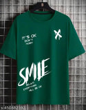 Green printed round neck polyester T-shirt by Stylogue, three-quarter sleeves, S-XL sizes available