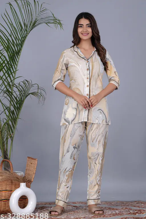 Pure rayon printed night suit, A-line design for women in various sizes (M-XXL), Indian origin