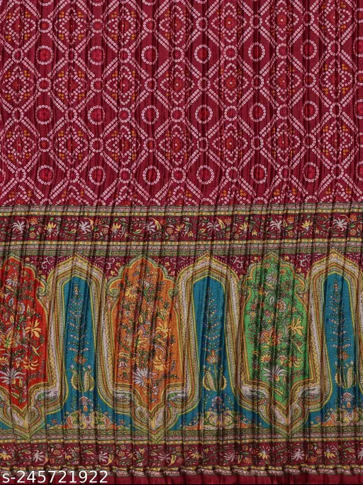 Newest chiffon embroidered lehenga-choli set in print crush with support up to 42 waist, semi-stitched. Indian handmade." (108 characters)