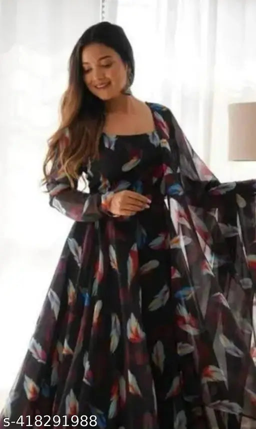 Designer Georgette gown with organza duppatta, printed net three-quarter sleeve evening dress for women, India origin, size S-XXL