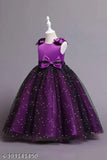 Purple net knee-length dress with bow applique, perfect for girls' parties and princess-inspired attire