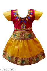 Cotton silk Kids' pattu pavadai & Lehenga choli set with short sleeves, embroidered design. Traditional Indian attire for festivals or gatherings, available in multiple sizes