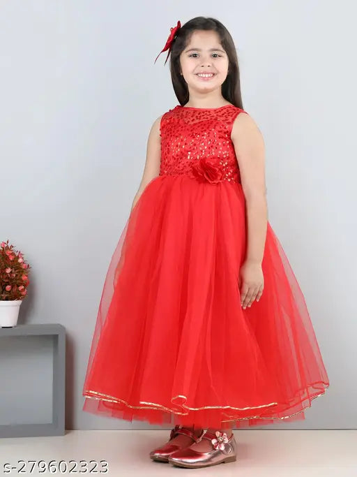 Red sequined net gown dress for girls party wear, toy balloon theme, 1-2 years size (bust 22in, length 28in)