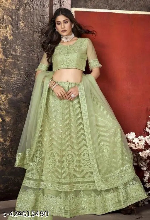 Soft net semi-stitched lehenga choli dupatta set for women, embellished and under budget. Free size, net fabric. India origin