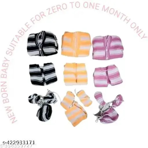 Handmade newborn striped polyester sweater set: Includes 3 cap sweaters, pyjamas, and socks, available in sizes 0-3 Months & 0-2 Months