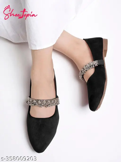 Black suede embellished ballerinas for women, intricately patterned and easy slip-on