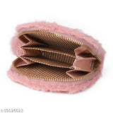 Pink PU soft fur semicircle clutch wallet, durable and washable, perfect for women & girls
