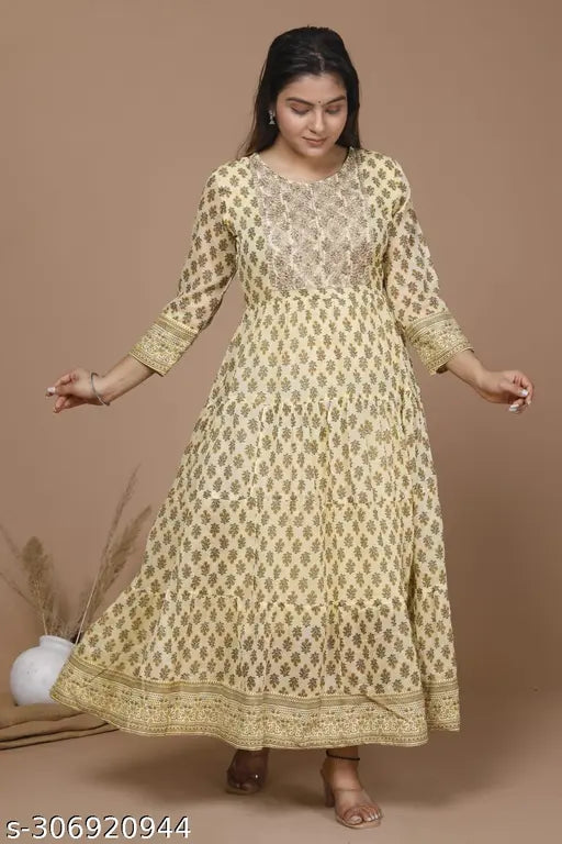 Cotton blend three-quarter sleeve printed Banita Superior Kurtis, laid embroidery design, Indian fashion