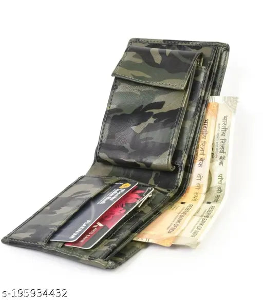 Brown faux leather two-fold men's wallet with printed net pattern, ideal for casual or formal occasions. Four compartments for cards and cash, perfect for organizing essentials on the go