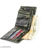Brown faux leather two-fold men's wallet with printed net pattern, ideal for casual or formal occasions. Four compartments for cards and cash, perfect for organizing essentials on the go