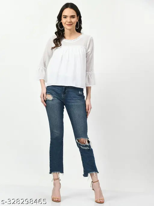 Mustard chiffon three-quarter sleeve top, pure cotton, ideal for office and casual wear