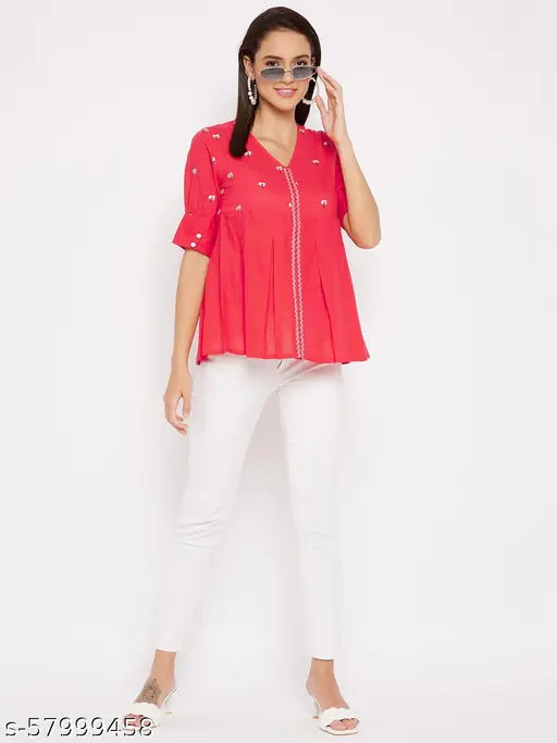 WineRed women's cotton peach floral embroidered puff sleeves top, ideal for office and casual wear