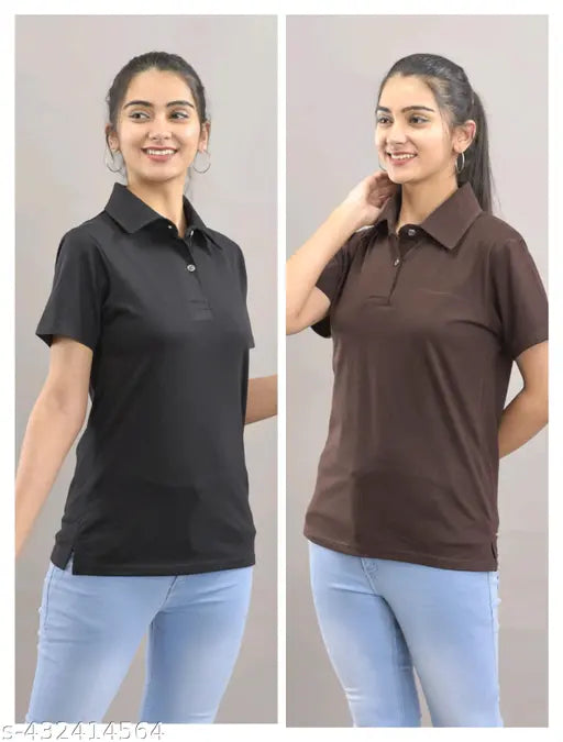 Stylish cotton collar t-shirt for women & girls, solid color short sleeves, made in India