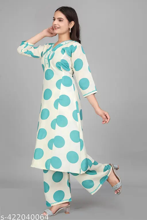 Polly cotton V-neck polka dot print kurta palazzo set with pocket, India-crafted for elegant ethnic wardrobes