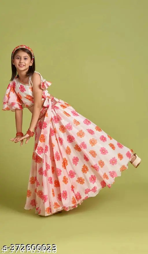 Georgette printed top and lehenga set for kids, Indian designer dress with sleeveless style