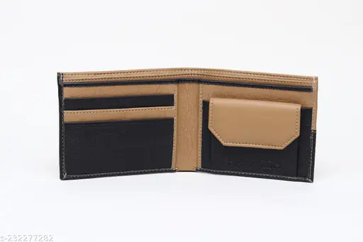 Beige and black SAMTROH PU leather wallet for men, features 2 compartments, slim design, ideal gift, hand-stitched vintage style
