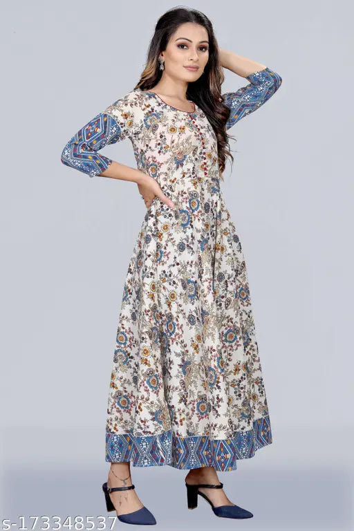 Cotton blend winter kurti, three-quarter sleeves, foil printed patched gown - India origin, size 6XL (bust 52 in)