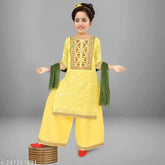 Embroidered cotton kurta palazzo set with dupatta for girls, A-line style and three-quarter sleeves, size 4-5 years