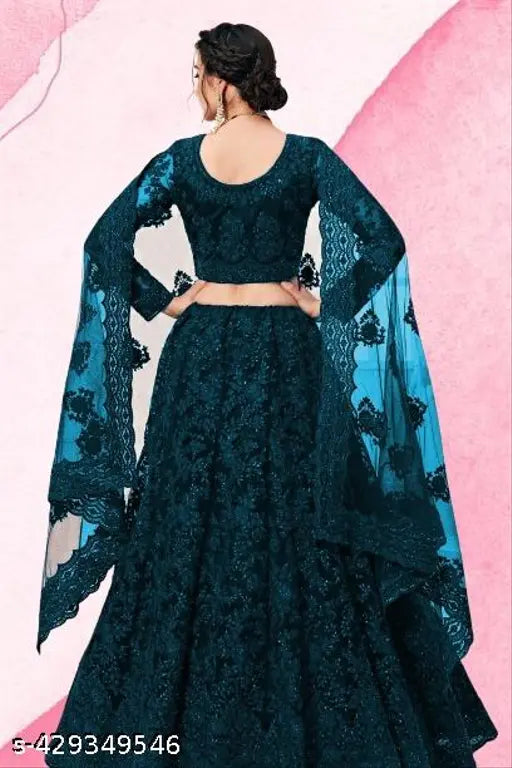 Embroidered net lehenga-choli set with dupatta for semi-stitched elegance, Indian origin