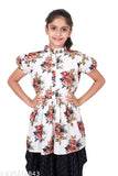 White and black crepe girl kurta set with printed patterns on both top and bottom, short sleeves, for children aged 4-16 years old, Indian origin