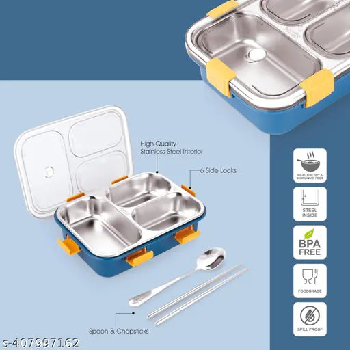 Stainless steel 3-compartment leakproof BPA-free lunch box with spoon & chopsticks for school or office, durable & dishwasher safe