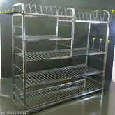Stainless steel kitchen utensils rack, 5 shelves, 30L x 30H inches upper plate. Modular storage for dishes and cutlery
