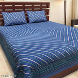 Blue striped cotton flat sheets set, perfect for adult double bed with two pillow covers, ideal for AC rooms