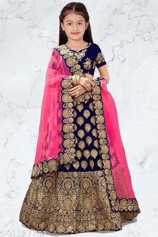 Taffeta silk embroidered Lehenga Choli and net Dupatta for kids, vibrant traditional Indian kids wear