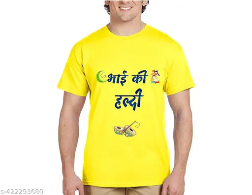 Yellow cotton blend unisex haldi T-shirt, perfect for marriage ceremonies in vibrant design, suitable for all body types