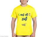 Yellow cotton blend haldi t-shirt for men & women, perfect for wedding haldi ceremonies