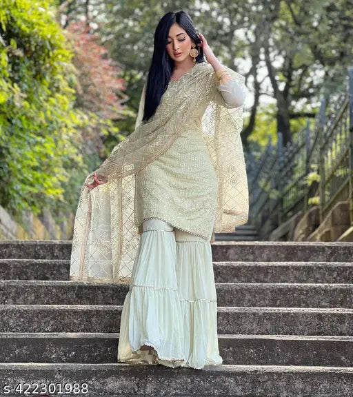 Faux Georgette Heavy Top Plazzo with Dupatta, embroidered Indian Kurta set in XL size on mannequin