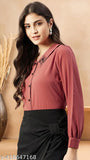WineRed women's pink collared shirt with contrast embroidery, solid polyester long-sleeved top, XL & XXL sizes available