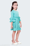 Green polyester self-design midi dress for girls (5-6 Years) with 3/4 sleeves and frills, lining, zipper, and knots on front - India origin