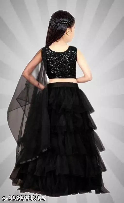 Exclusive velvet & net ruffle lehenga choli set for kids, semi-stitched & self-design, trending in India