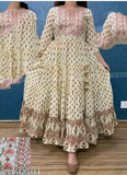 Cream rayon three-quarter sleeve printed gown with embroidery work, beautiful Indian design - M (38 in bust), L (40 in bust), XL (42 in bust), XXL, 4XL available