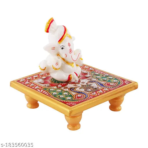 Marble & polyresin Pagri Ganesh with marble chowki - Divine grace decor for pooja mandirs, offices, and homes; ideal for gifting on Diwali, birthdays, and festivals. (9.5 cm L x 5.5 cm H x 5.5 cm B) India origin