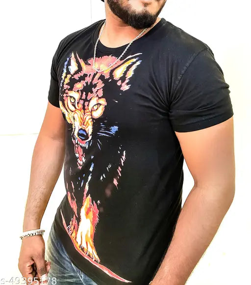 Glow-in-the-dark round neck wolf design cotton t-shirt, printed with radium, short sleeves, India origin