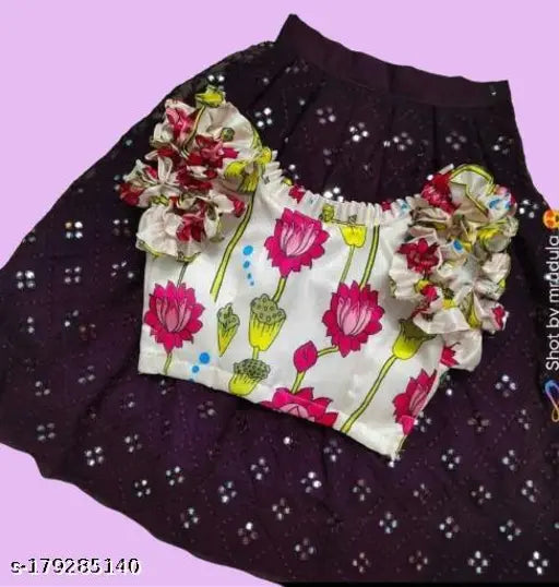 Embroidered rayon lengha choli for baby girls (2-14 years), printed and stitched net top with short sleeves