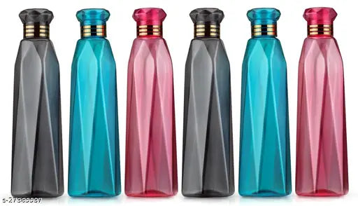 Transparent plastic water bottles (Set of 6) for kitchen, office, sports, school, traveling, gym - Helovia diamond cap bottles, leak-proof and ideal for fridge use