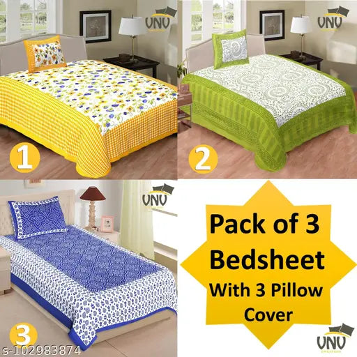 Trendy cotton single bed sheets pack, 180 thread count Jaipuri style with 3 pillow covers, ideal for adults