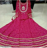 Pink embroidered cotton-rayon Anarkali Kurta with three-quarter sleeves, printed combo. Women's traditional Indian wear on mannequin