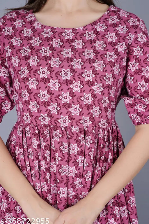 Printed long cotton anarkali kurtis with short sleeves, Indian traditional outfit on model