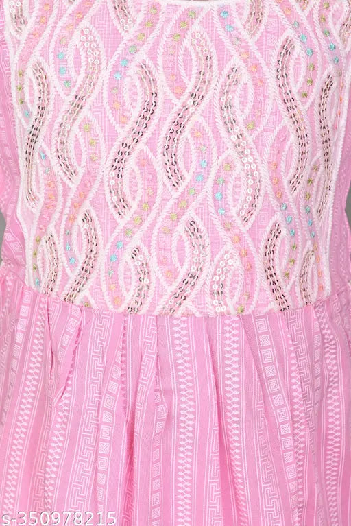 Girls pink Rayon Naira dress set (pack of 2), A-line pyjama with embroidered pattern and three-quarter sleeves. Ideal for party wear, casual wear, kids wear, festive wear, wedding wear. Sizes: 5-6 Years, 6-7 Years, 7-8 Years, 8-9 Years, 9-10 Years. Origin: India